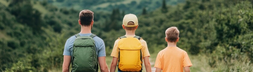 Fototapeta premium Family exercising on a scenic hiking trail, fitness gear, deep forest surroundings, fresh air and vitality, exercise in nature