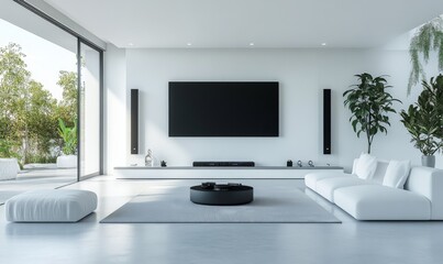 Sleek living room with built-in media wall, minimalist decor, and comfortable seating for entertainment, 3D illustration