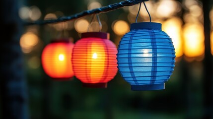 Fototapeta premium A string of vibrant paper lanterns illuminated against the backdrop of a warm sunset, creating a peaceful outdoor ambiance.