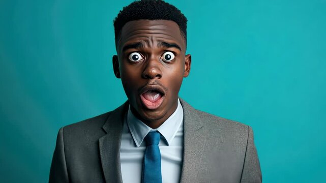 Professional young man with buzzed black hair and dark skin pointing right with a look of surprise against a solid teal background. Copyspace