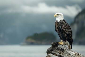 Fototapeta premium Majestic bald eagle perched on a driftwood log, overlooking a misty, forested coastline.