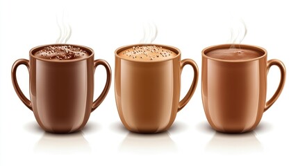 Trio of Warm Chocolate Mugs on White Background