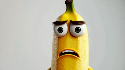 A yellow banana with drawn-on eyes, eyebrows, and a mouth looks scared