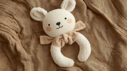 Fototapeta premium White plush bunny rattle toy with a bow on a brown fabric background.