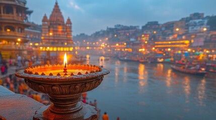 A glowing oil lamp placed by the river in Varanasi at dusk, with temples and blurred festive lights reflecting on the water.