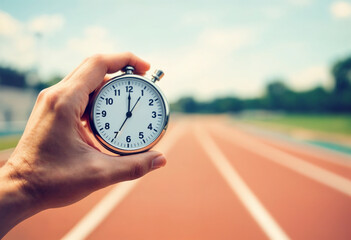 Old Chronometer Man Hand Vintage Style. Time to Run, Hand Hold Stopwatch Over Track