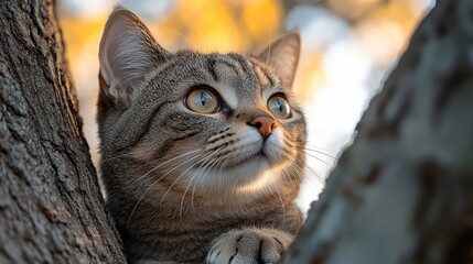 Pet climbing and interacting with trees. Featuring various pets in action with trees. Showcasing pet activities like climbing and resting. Ideal for outdoor and pet interaction photos.