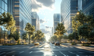 Fototapeta premium City street lined with modern glass and steel office towers, corporate urban environment, 3D illustration
