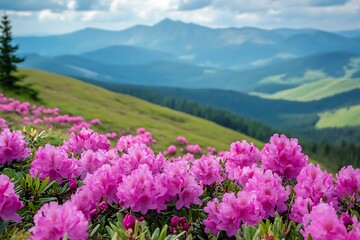 Pink rhododendron flowers in the Carpathian mountains