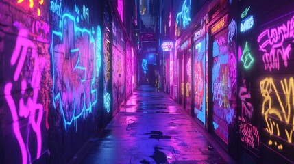 Fototapeta premium Graffiti neon night street with colorful tags and glowing signs creating an urban art scene.