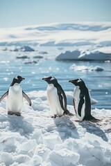 Fototapeta premium Three penguins stand on a snowy shore in Antarctica, looking out at the icy water.