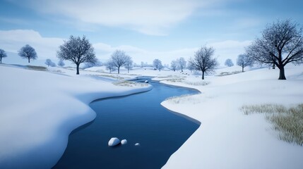 Obraz premium Serene winter landscape with a flowing river and snow-covered trees.