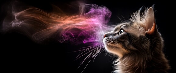 Fototapeta premium Cat with colorful smoke blowing out of its mouth on a black background.