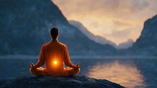 A serene figure meditating by a calm body of water, illuminated by a glowing light from within, surrounded by mountains at sunset.