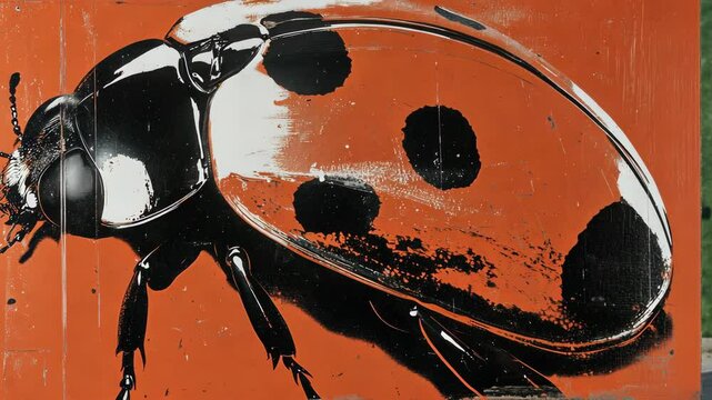 A close-up of a black and white ladybug painted on a rusty orange surface