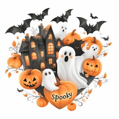 Fototapeta premium A colorful Halloween scene featuring ghosts, pumpkins, bats, and a haunted house, creating a festive and spooky atmosphere.
