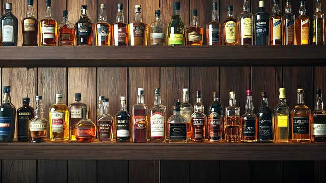 A variety of liquor bottles are displayed on wooden shelves in a bar or restaurant