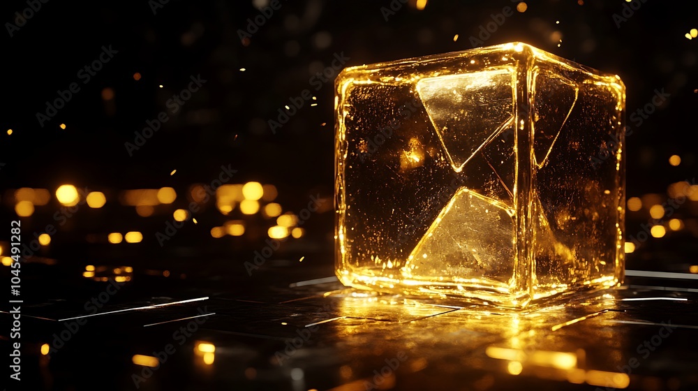 Poster floating gold cube with glowing edges in minimalist style
