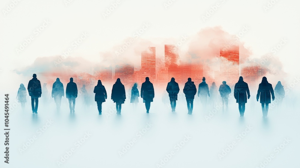 Poster A group of silhouetted figures walks through a misty landscape, creating an ethereal atmosphere with fog and hints of color.