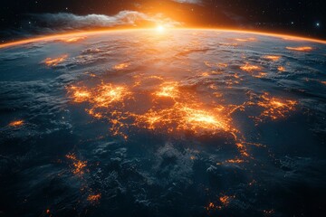 Fototapeta premium Earth's Surface with City Lights at Sunrise