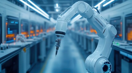 Robot arms work efficiently on a production line, assembling components in a highly automated smart factory equipped with advanced technology.