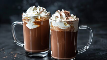 Two mugs of hot chocolate topped with whipped cream and cocoa powder on a dark background.