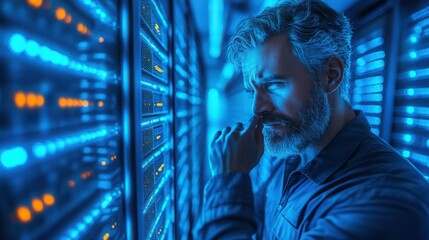 Technician troubleshooting server racks in a data center with a focused expression while overcoming technical challenges