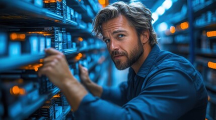 Technician troubleshooting server racks in a data center with a focused expression while overcoming technical challenges