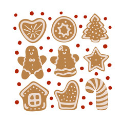 Set of cute Christmas cookies with icing. Gingerbread man, woman, star, heart, tree, house, mitten, candy cane. Christmas elements set.