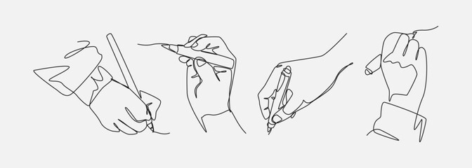 Hands holding stationery with continuous one line drawing style. Writing, drawing, taking note. Editable line. Vector illustration.