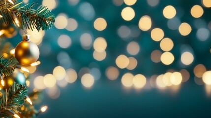 Festive Christmas tree with twinkling lights against blue backdrop