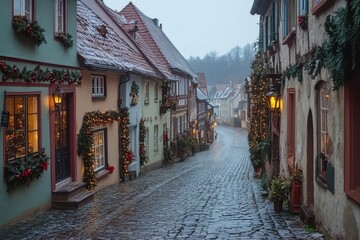 Fototapeta premium Charming German town with cobblestone streets and buildings beautifully decorated for Christmas, illuminated by evening light.