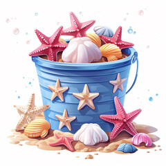 A blue bucket filled with various colored starfish and shells