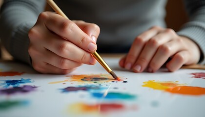 Naklejka premium The artist works with a brush on a watercolor painting in natural light