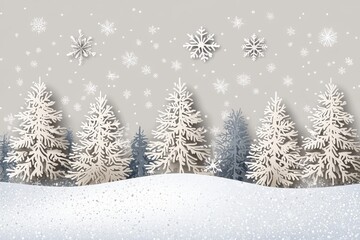 Fototapeta premium Light gray background with falling snowflakes and white trees, creating a festive winter atmosphere, perfect for Christmas cards and social media posts.