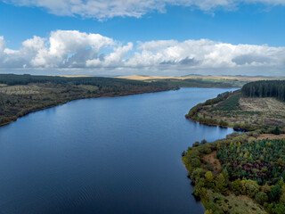 Aerial view of the Use reservoir, situated below the majestic Black Mountain at the western edge of Bannau Brycheiniog National Park (Brecon Beacons) South Wales UK
