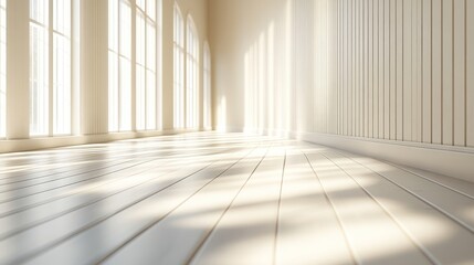 A bright, spacious interior with large windows and wooden flooring, creating a serene atmosphere.