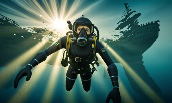 3d cartoon underwater diver in diving suit swimming around a sunken ship. Sun-rays filter through the water