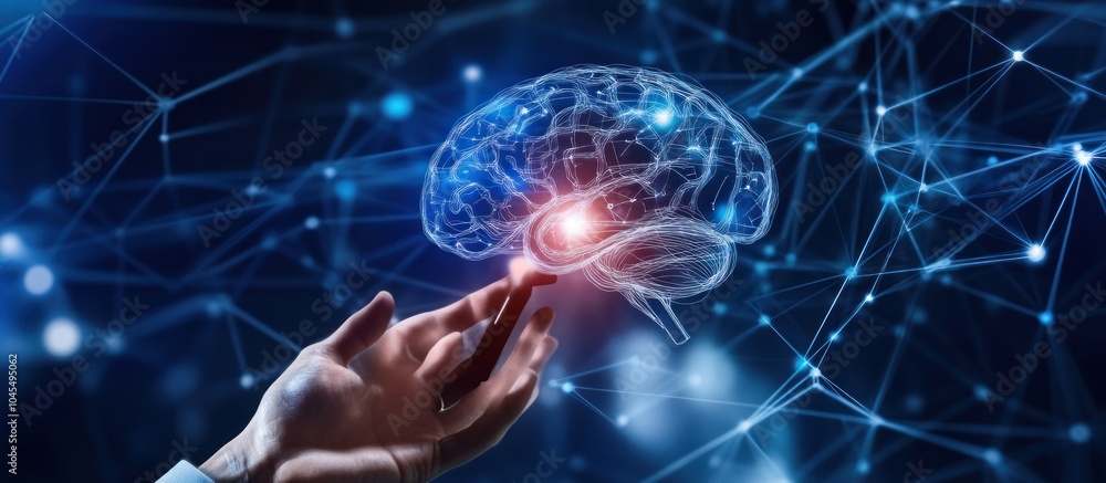 Poster hand holding a glowing digital brain illustration against a background of connected lines and dots, 