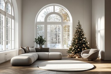 Modern living room featuring an arched window, gold and white Christmas tree, grey sofa, and large windows that bathe the space in natural light, all in a minimalistic style.