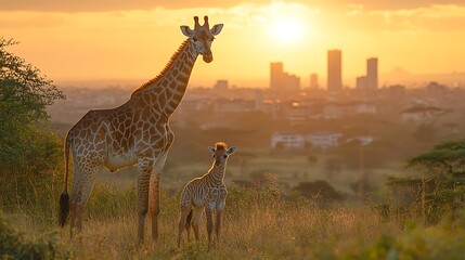 Obraz premium A mother giraffe and her calf stand in the foreground with a city skyline in the background, bathed in the golden light of a setting sun.