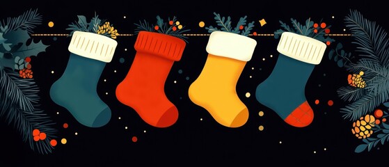 Colorful Christmas stockings hanging on a dark background with festive decorations.