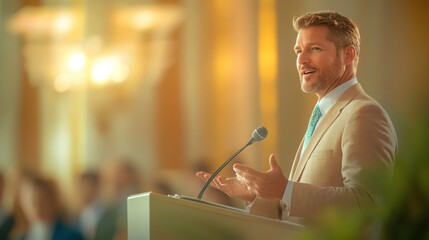 Male speaker presents engaging topic at a corporate business conference in a well-lit venue during the afternoon