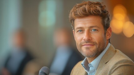Male speaker presents engaging topic at a corporate business conference in a well-lit venue during the afternoon