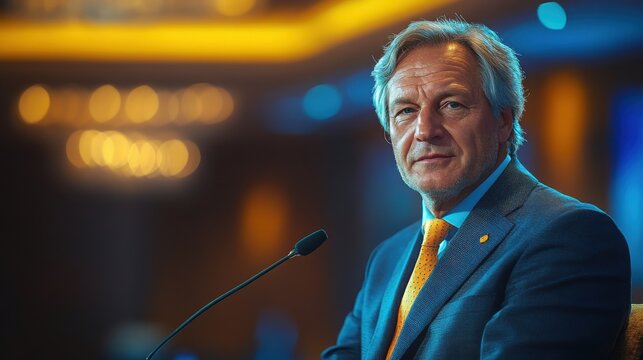 A male speaker confidently addresses attendees at a corporate business conference, sharing valuable insights while standing before a microphone.
