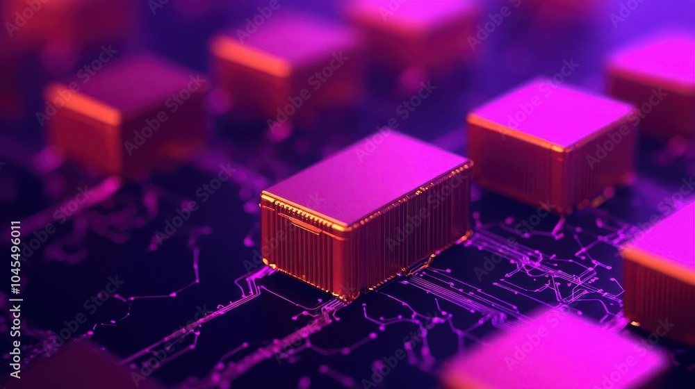 Aufkleber close-up of vibrant microchips on a circuit board, showcasing intricate details and colorful lightin