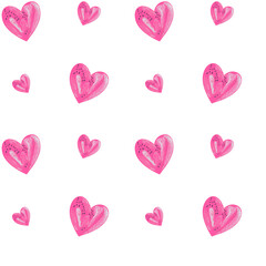 Seamless pattern with hand-drawn pink hearts on a white background. Ideal for modern textiles, children's products, colorful stationery or unique fashion designs.
