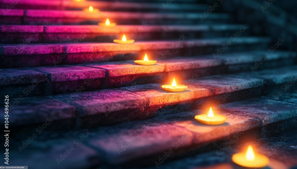 Poster illuminated candles line stone steps, creating a serene and inviting atmosphere with warm light and 