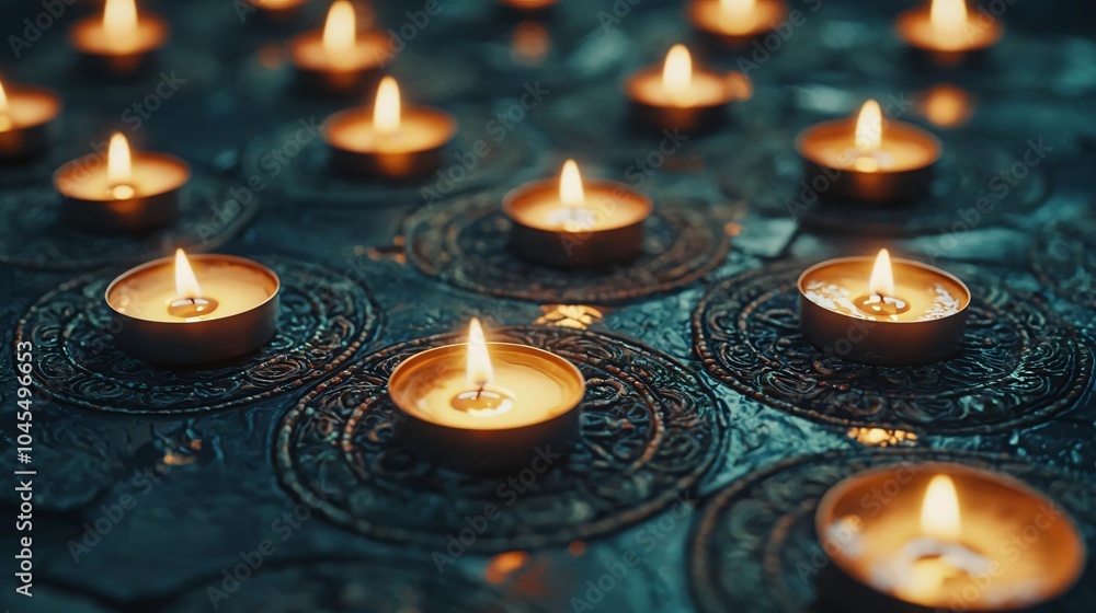 Poster serene and tranquil scene with glowing candles illuminating a dark surface, creating a peaceful and 
