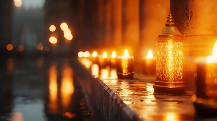 Serene ambiance with glowing lanterns reflected in water, creating a warm and inviting atmosphere for relaxation and reflection.